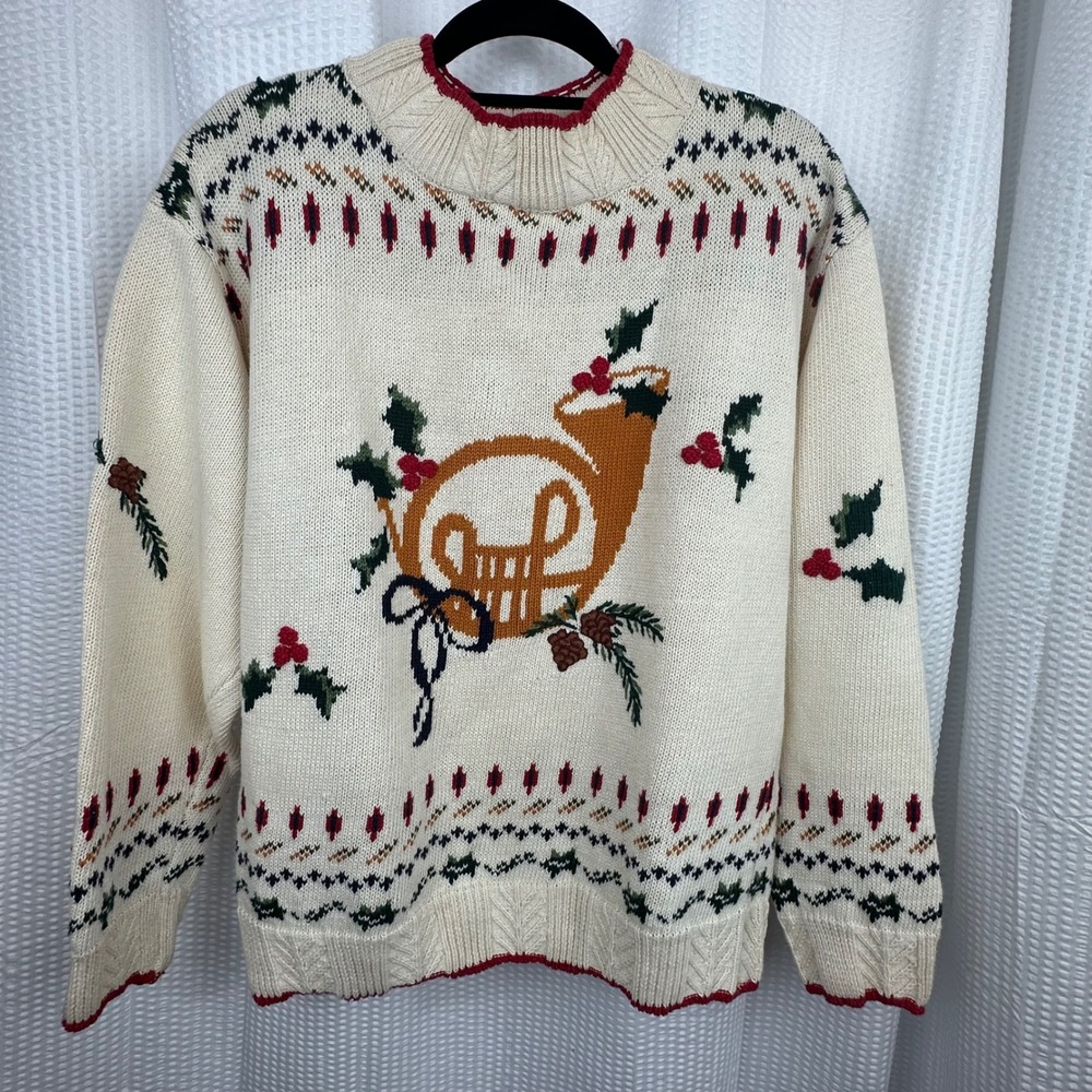Vintage Woolrich Christmas Sweater Large Hand Framed Wool Mohair French Horn